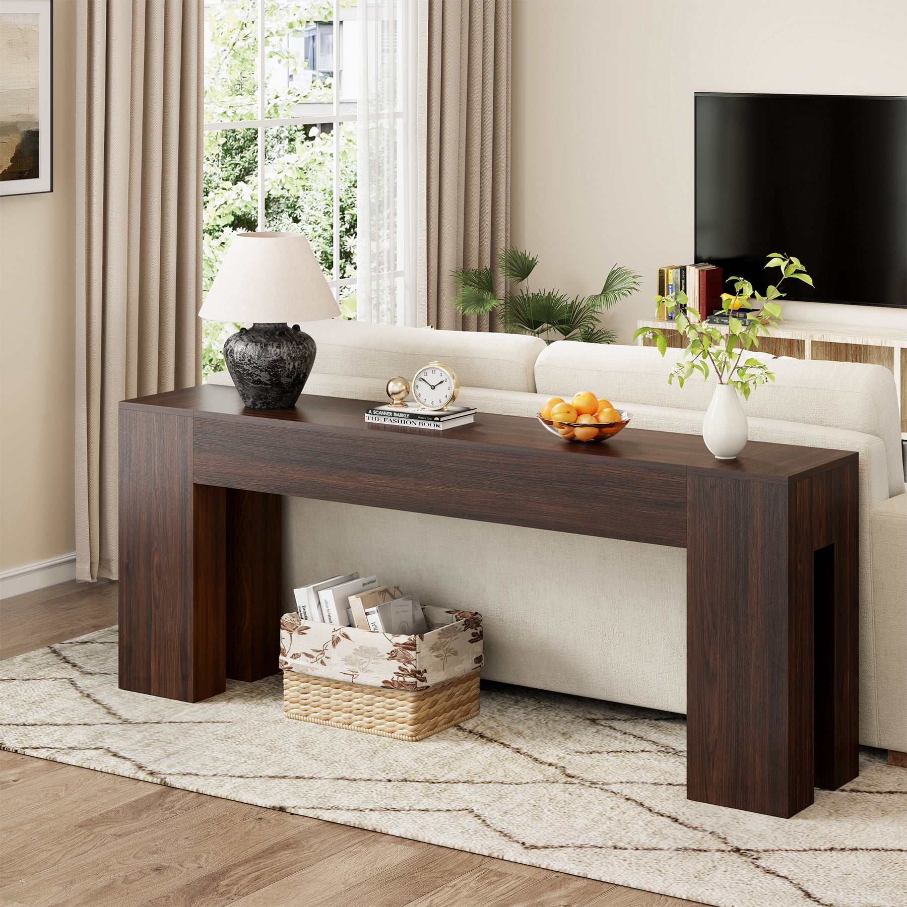 Extra Long Sofa Console Table for Entryway Living Room, 78-Inch Farmhouse Wood Behind Couch Table, Rectangular Accent Console with Wooden Double Base for Hallway Foyer Entrance, Walnut Brown