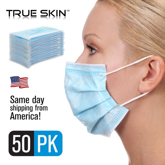 True Skin Non Woven Breathable Ear Loop Disposable 3 Ply Face Masks, 50-Count