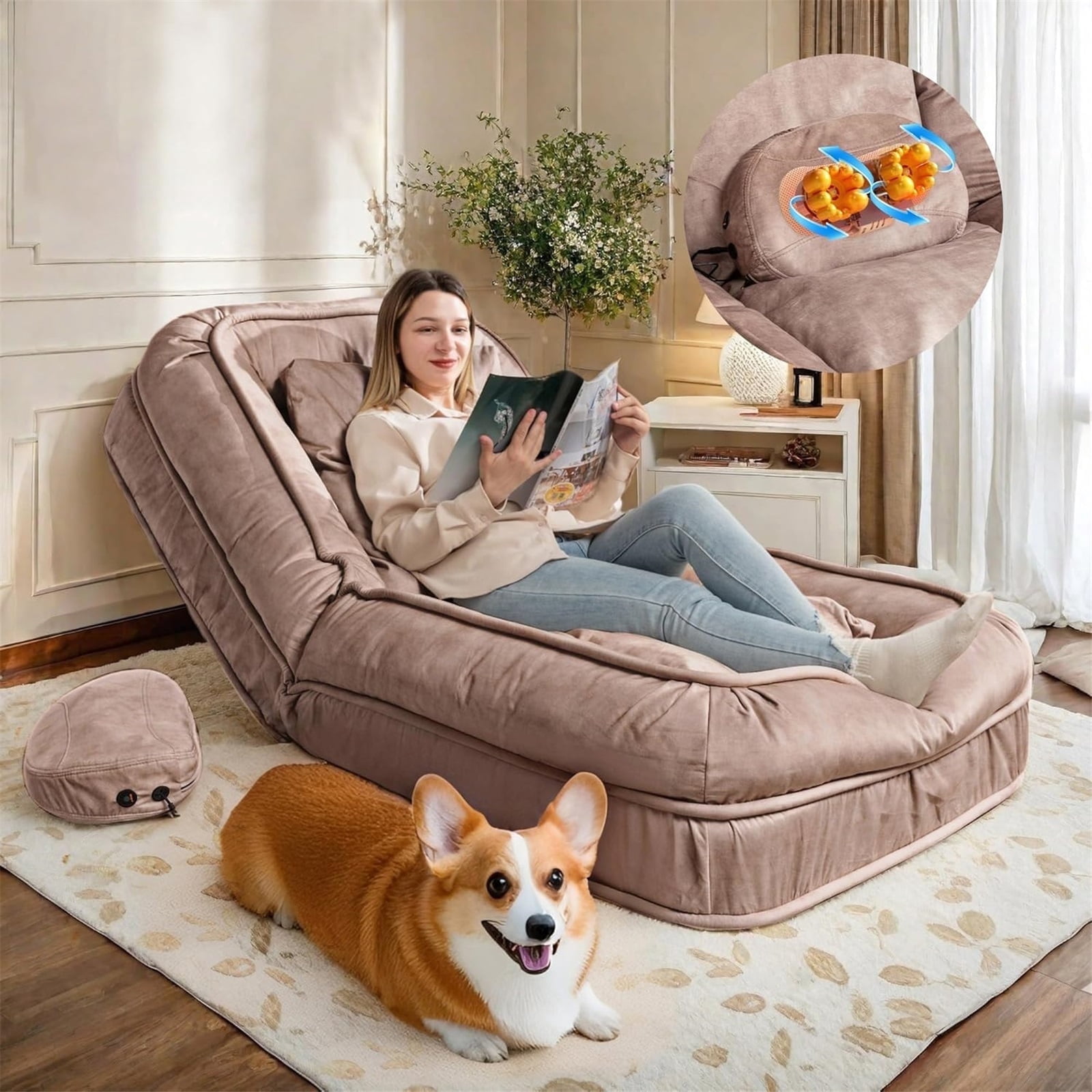 LEHZROAJ Velvet Upholstered Bean Bag Chairs,5-Position Adjustable 2 Soft Pillows Massage Floor Sofa,Multi-Functional  Human Dog Bed for Living Room(Brown)