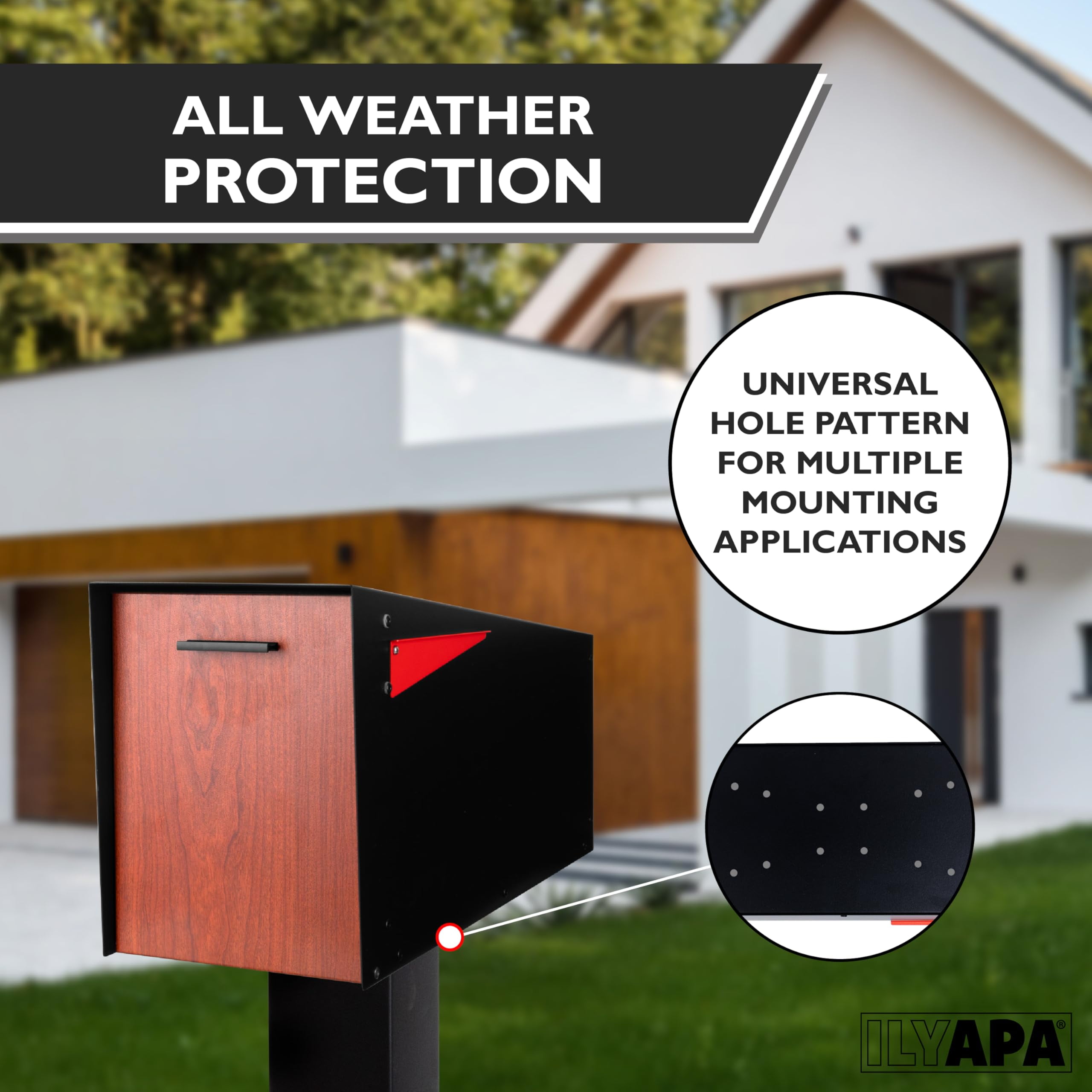 Ilyapa Locking Mailbox with Lock and Key Modern Mailboxes for Outside Post Mount - Black Powder Coated Steel & Printed Redwood Trim, All Weather