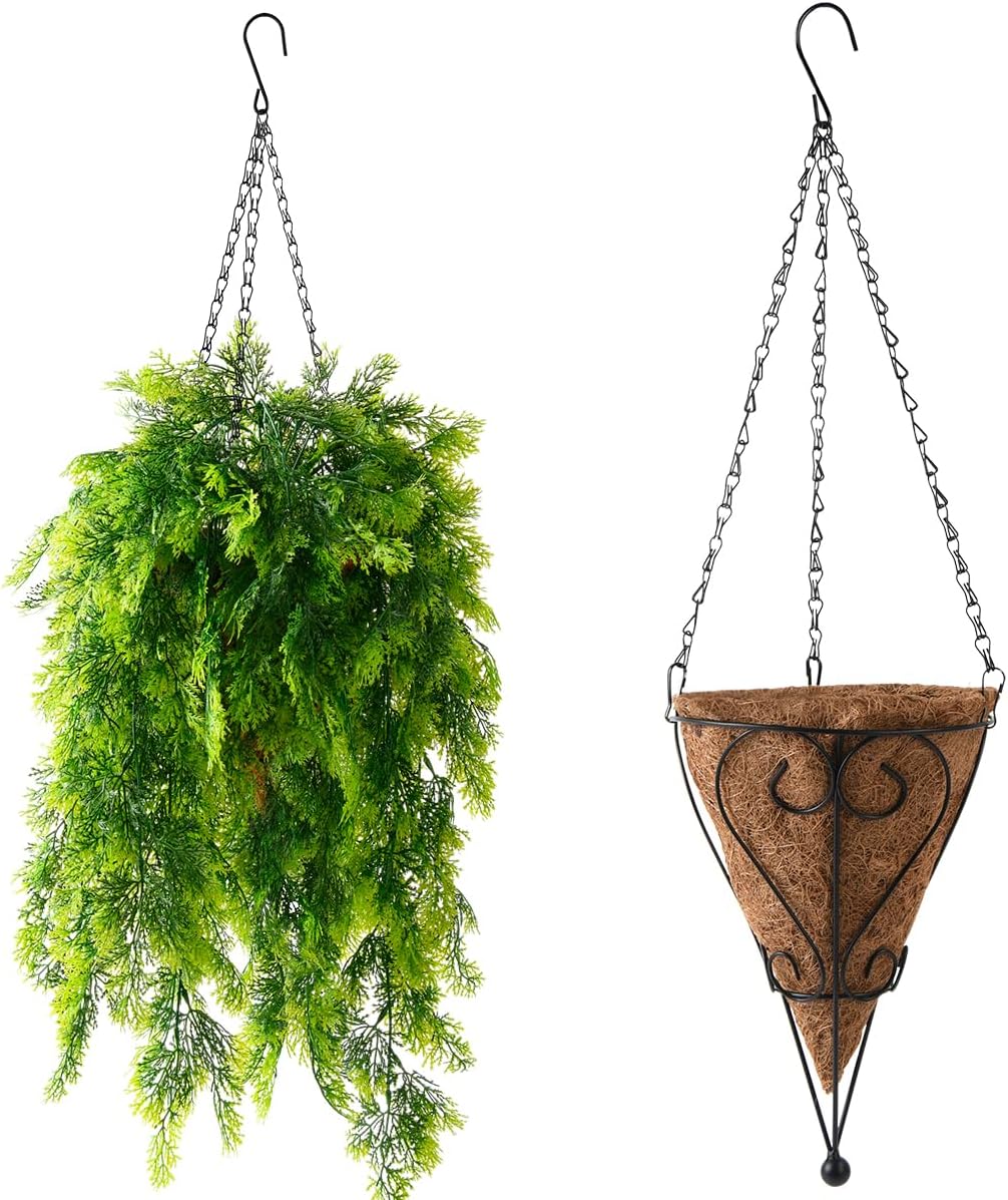 Artificial Hanging Plants in Basket Fake Hanging Eucalyptus with Coconut Lining Chain Palm Flowerpot Hanging Plant Outdoor UV Resistant Plastic Plants(Eucalyptus)