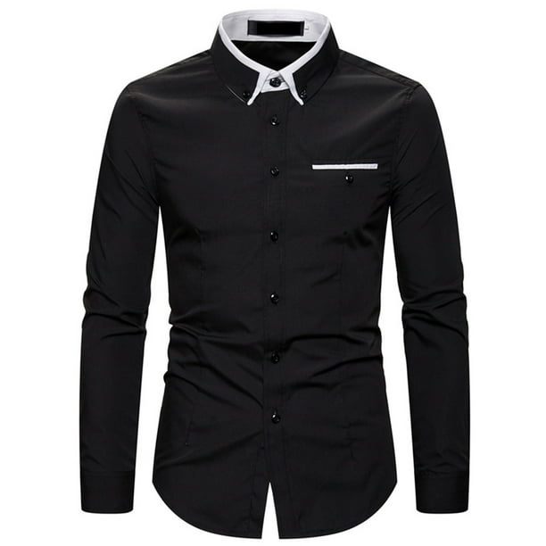Camisas De Vestir Para Hombre Camisa con cuello vuelto Blusa informal Color largo Solido Manga delgada Camisas para hombres Black 4XL Walmart en linea