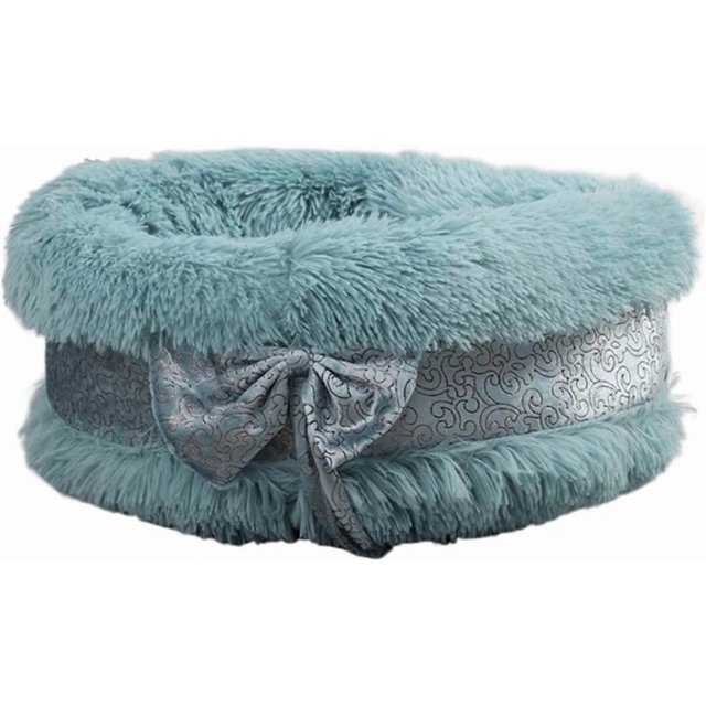 cat Sofa Five Color Choices Winter Long Plush Warm Cat Nest Round Bowknot Lovely Dog Nest Deep Sleep Pet Bed Cat Supplies (Color : Blue, Size : Round_