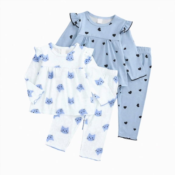 yboeqw 2 Packs Toddler Baby Girl Clothes Infant Girl Outfits Set Fall Ruffle T-Shirt Top Pants Set Clothes,Size 2-3 Years