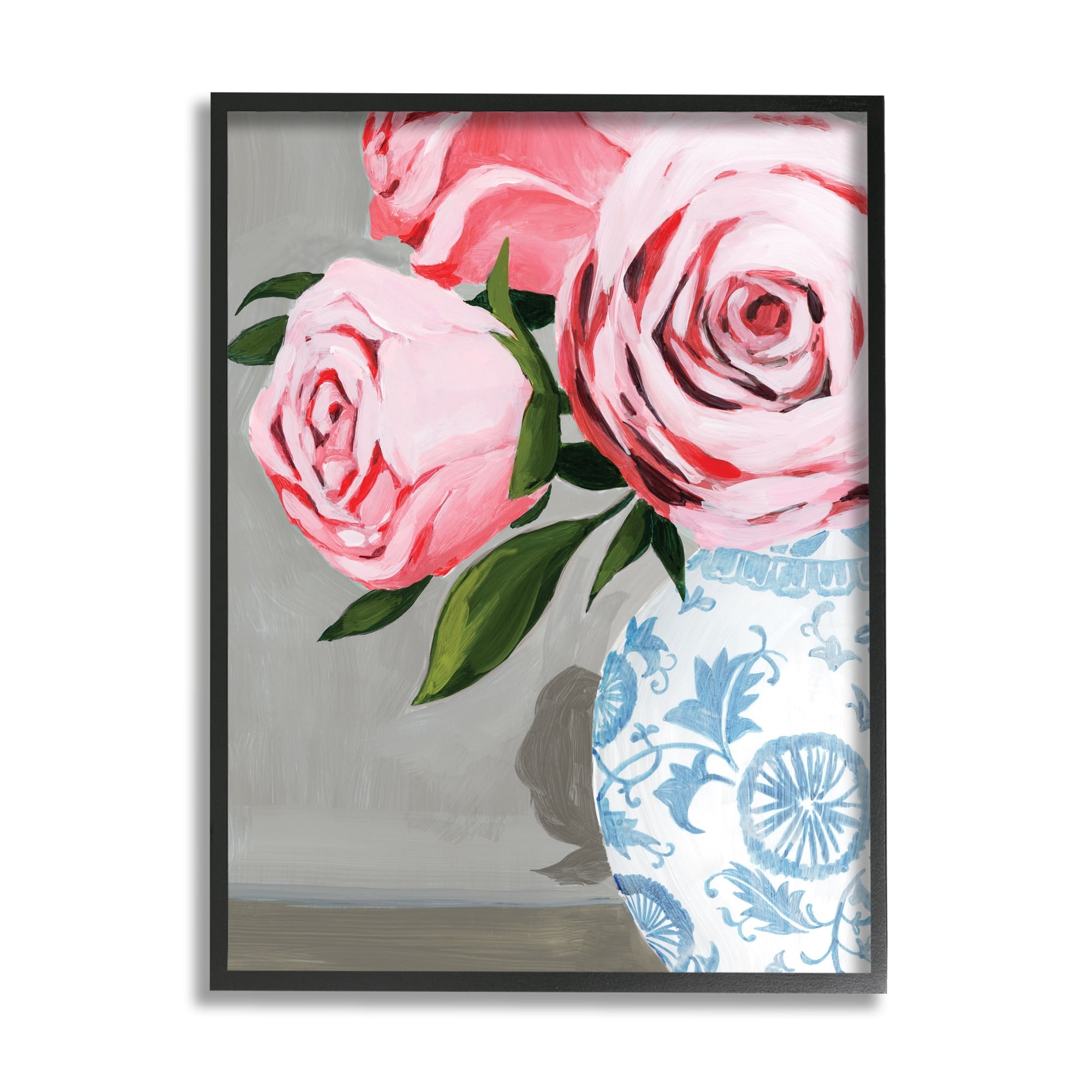 Stupell Industries Blossoming Pink Roses in Ornate Blue Vase,24 x 30,Designed by Grace Popp