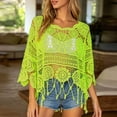 thumbnail image 3 of Crochet Tops for Women Summer Lightweight Hollow Out Beach Cover Up Solid Color Swimsuit Coverup 3/4 Sleeve Boho Fringe Trim Vacation Sun Shirts, 3 of 6