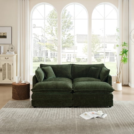 LifeSky 4-Piece Modular Sectional Sofa for Small Apartments: Instantly Switch Between 2-Seater Couch, Lounge, and Movie Setup in 1 Minute - 70\" Green Chenille Set with 2 Ottomans & 5 Pillows