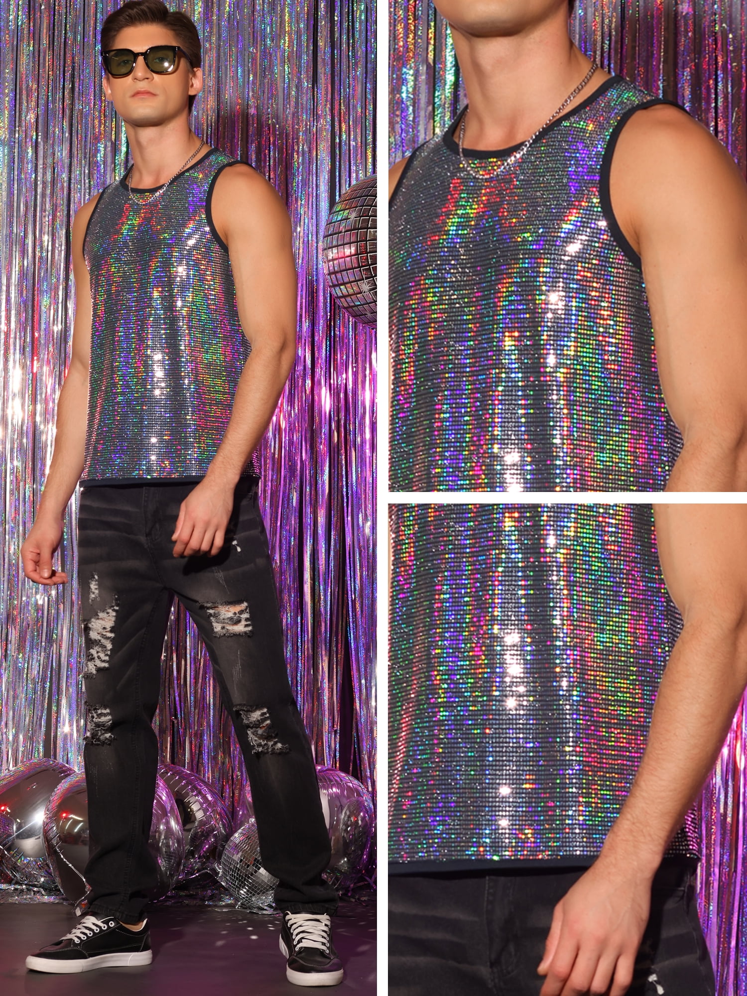DARING DIVA Men's Sequin Tank Top Metallic Sparkle Glitter Sleeveless Tank Vest S Silver
