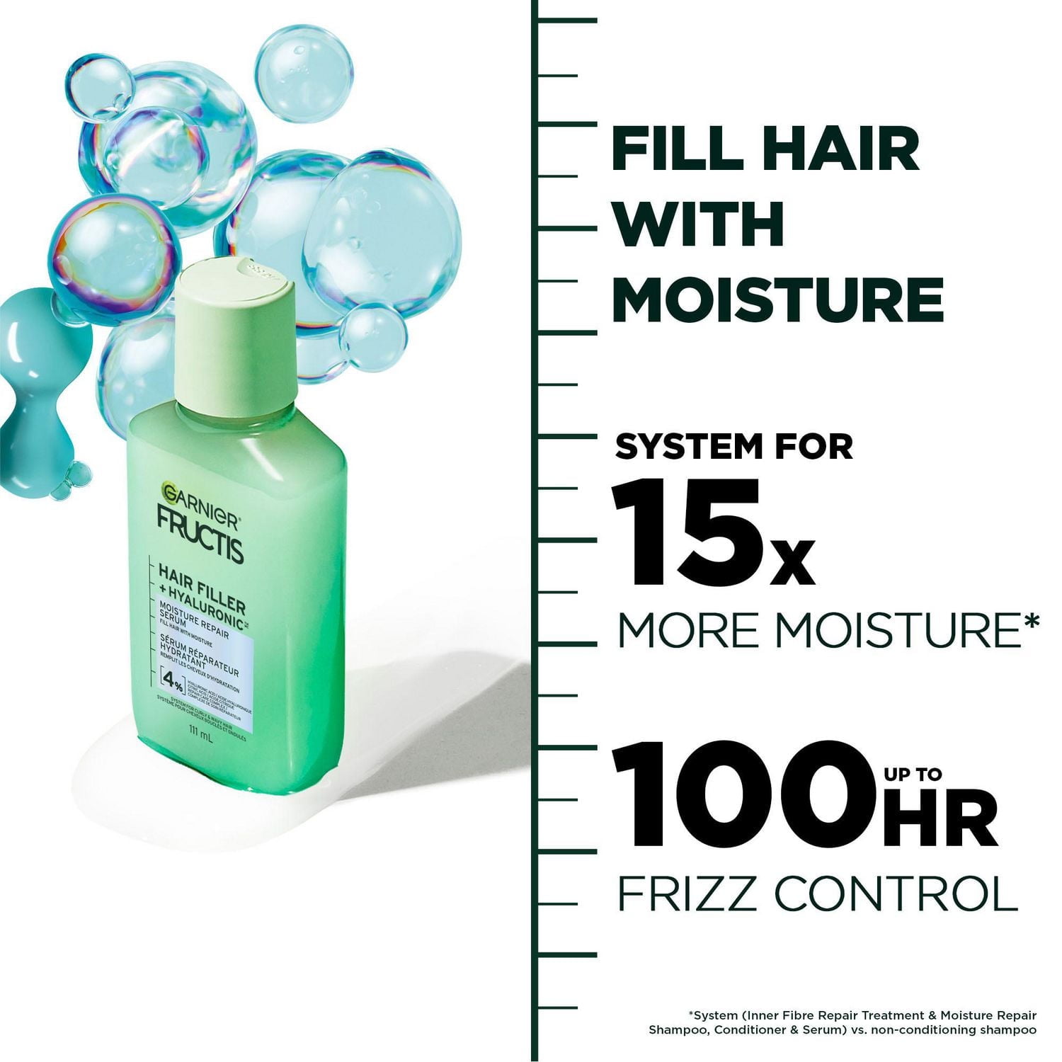 Garnier Fructis Hair Fillers + Acide Hyaluronique Sérum Sans Sulfates Réparateur Hydratant, pour Cheveux Bouclés & Ondulés, jusqu'à 15X plus Humides & 100 heures de Contrôle des Frisottis, 111ml Hydrate les cheveux bouclés