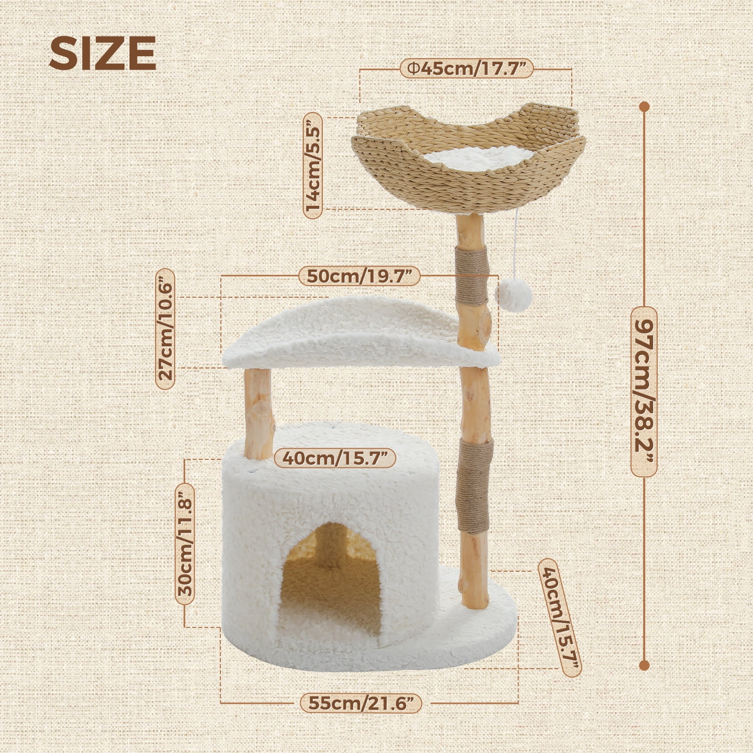 PEQULTI 38''Modern Cat Tree with Large Condo and Wood Sisal Scratching Post for Indoor Cat White