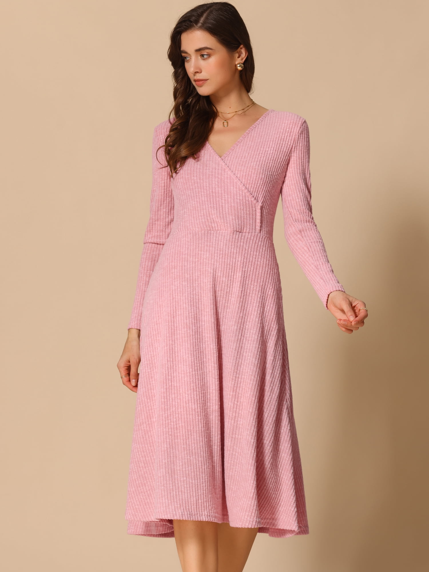 DARING DIVA Knit Ribbed Midi Deep V Wrap A-Line Dress M Pink