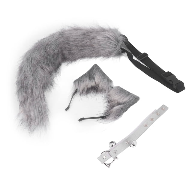 Bandeau Réglable Oreilles de Chat et Queue de Loup Costume Cosplay, Collier Cloche Doux et Confortable, Ensemble Cosplay de Fête avec Bande Élastique Adapté pour Robe