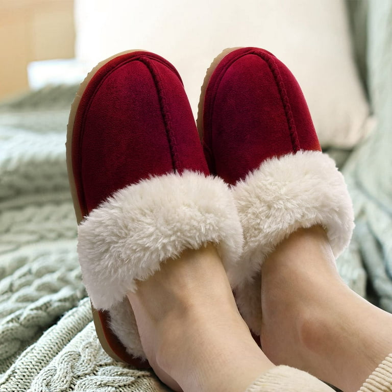 Litfun Women's Fuzzy Memory Foam Slippers Warm Comfy Winter House Shoes,  Wine, Size 6-6.5