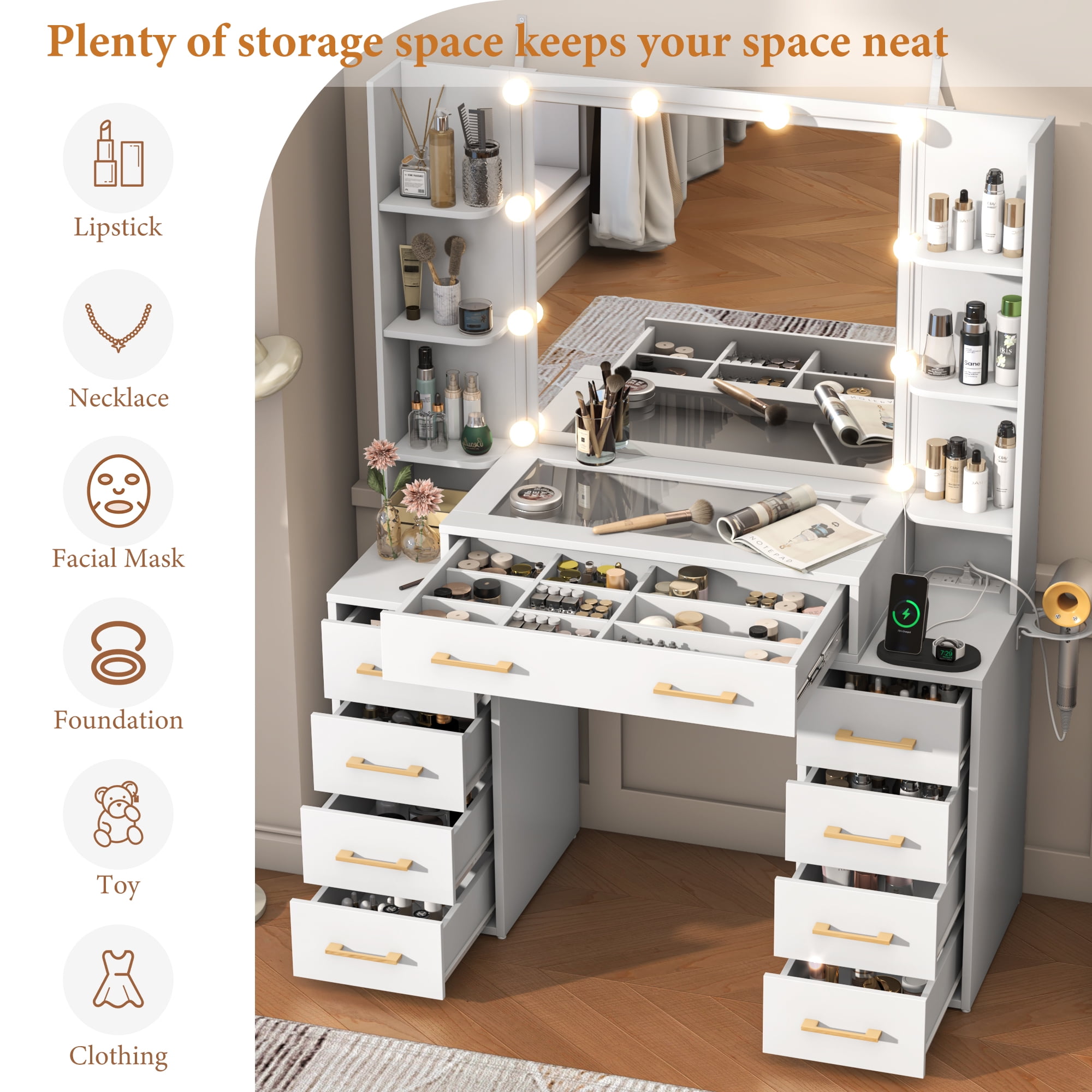 White Vanity Desk with Mirror & LED Lights, Glass Top Vanity Desk with Charging Station & Compartment Storage Drawers, 55" Large Makeup Vanity Table with 9 Drawers & 6 Shelves