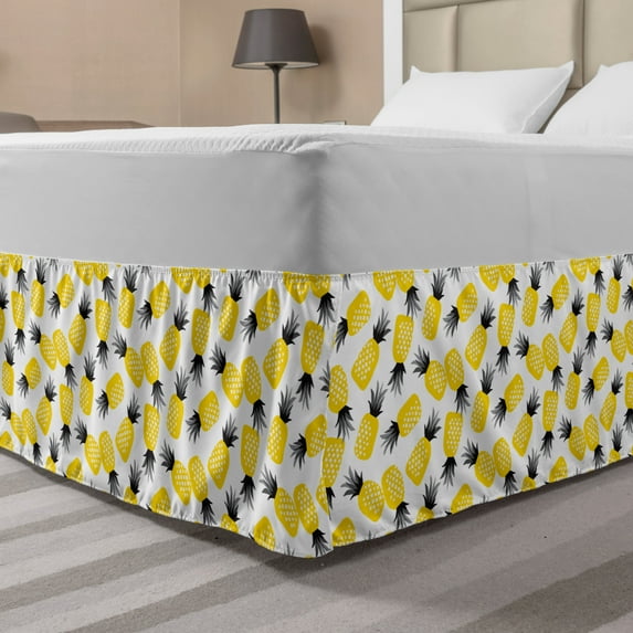 Pineapple Bed Skirt, Star Patterned Arrangement of Exotic Fruits with Greyscale Leaves, Elastic Bedskirt Dust Ruffle Wrap Around for Bedding Decor, 4 Sizes, Black Grey and Yellow, by Ambesonne