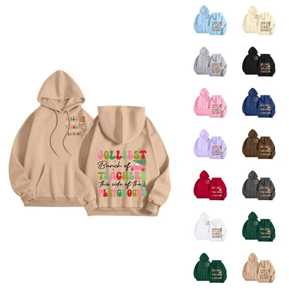 Jolliest Bunch Of Teachers Hoodies for Women Long Sleeve Christmas Graphic Hooded Sweatshirt with Pockets Pullover Top