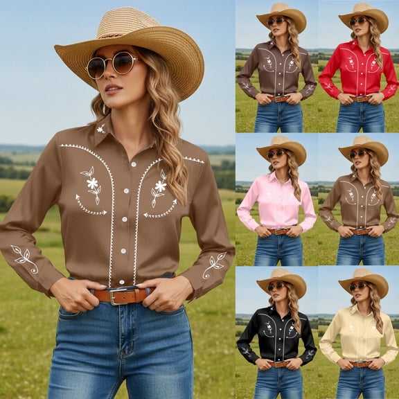 Western Cowboy Shirts for Women Cowgirl Spring Fall Button Down Shirt Floral Embroidery Long Sleeve Snap Red Tops S