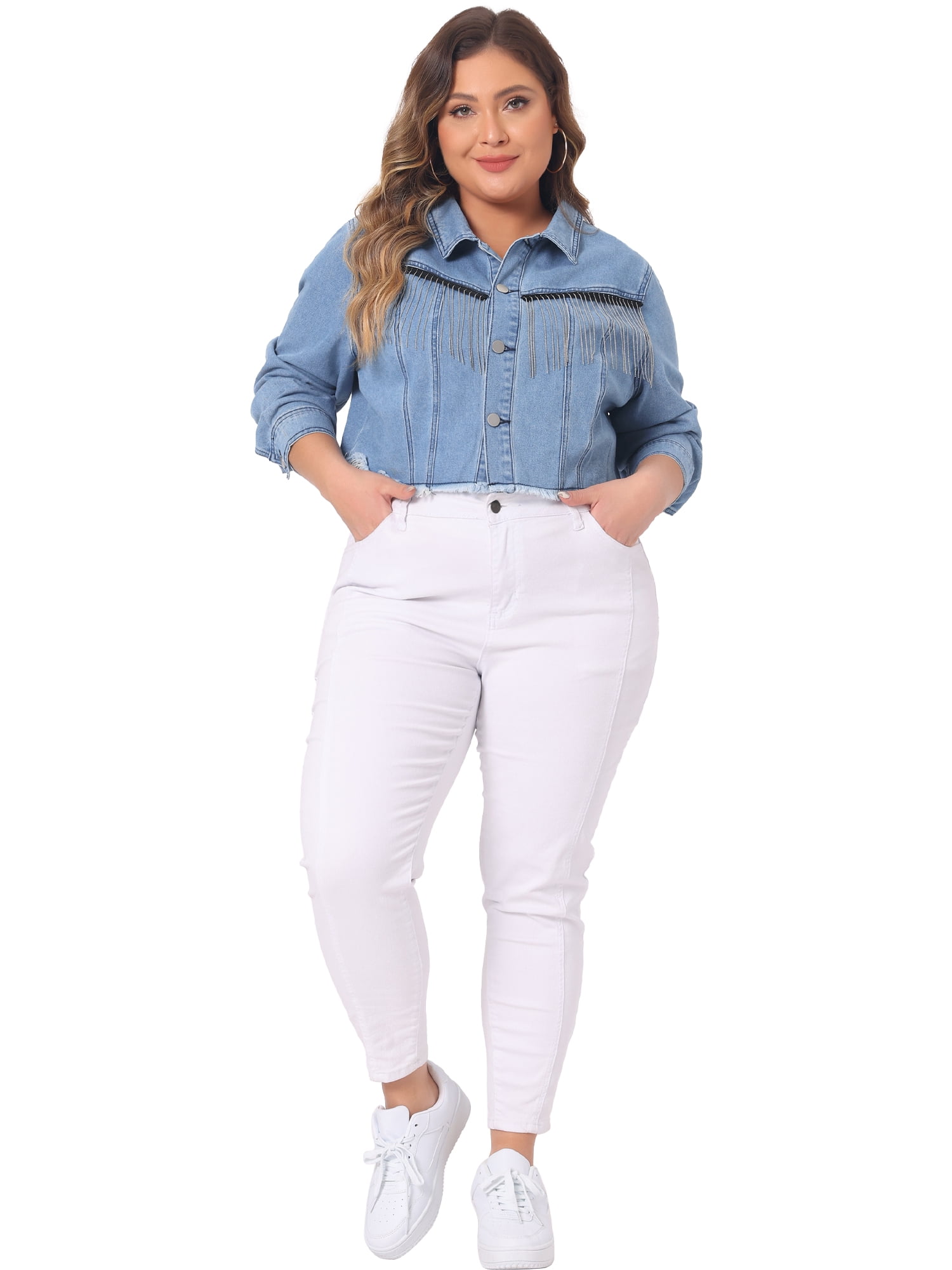 DARING DIVA Women's Plus Cropped Button Frayed Hem Tassel Crop Jean Jackets 3X Blue