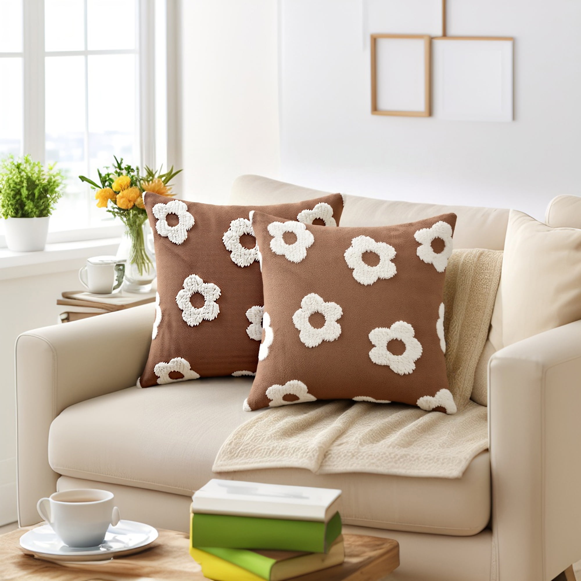 Unique Bargains Pack of 2 Floral Decorative Throw Pillow Covers for Home 18" x 18" Brown