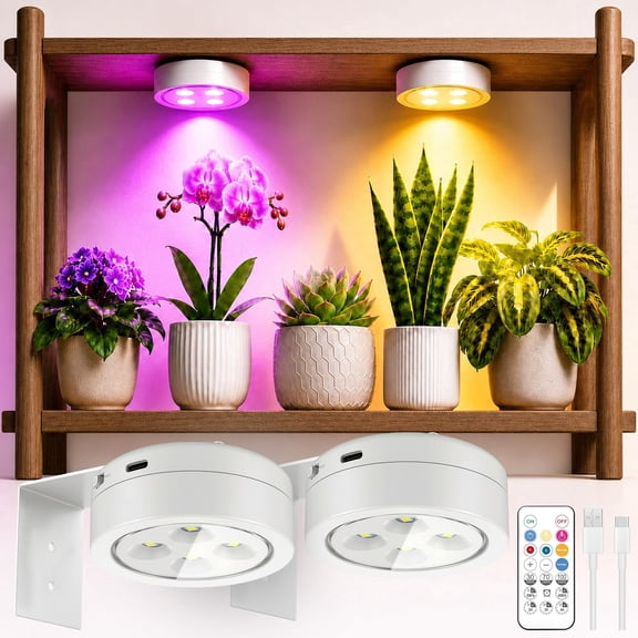 2 Pack Rechargeable Battery Grow Light, Full Spectrum Indoor Cordless Plant Light with Timer & Remote, Stepless Dimming,Type-C Charging 2000mAh,Wireless Magnetic Puck Plant Lights for Indoor Growing