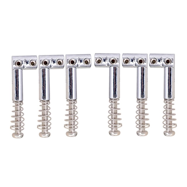 6pcs Tremolo Bridge Saddles Replacement Parts for Electric Guitar, designed with alloy zinc and iron for durability. Features roller saddles to prevent string breakage and enhance sustain. Each saddle measures 19.8 x 10.8 x 6mm, ideal for electric guitars with a 3L3R configuration. Suitable for guitar parts replacement and upgrades.