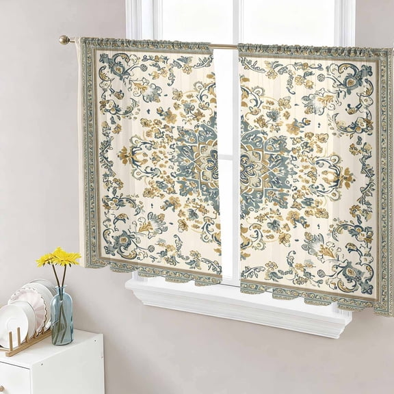 Sheer Curtains 54 Inch Length 2 Panels Set for Kitchen, Sage Green Boho Semi Sheer Curtains for Windows, Geometric Ethnic Southwestern Voile Window Treatments Rod Pocket Curtain