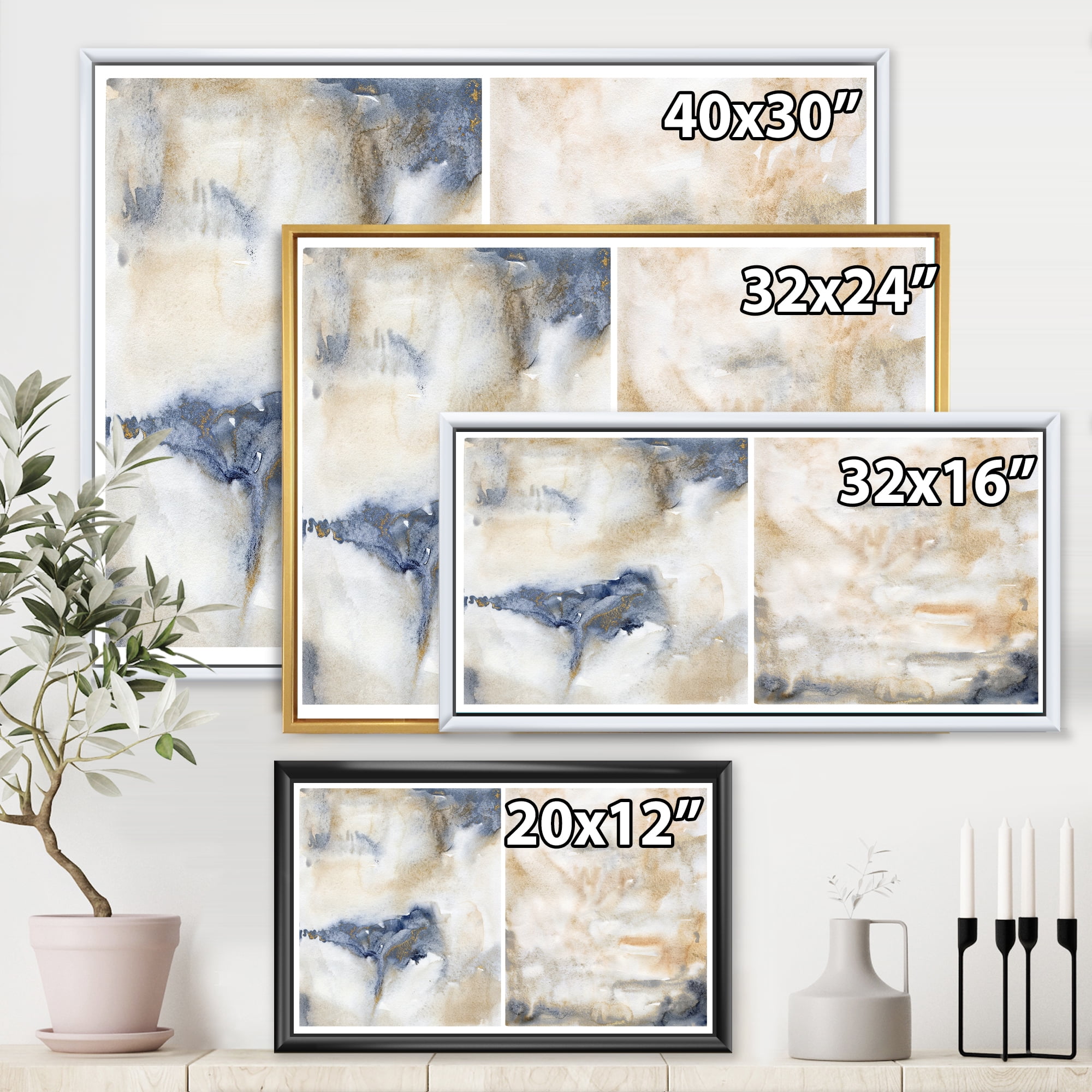 Designart 'Abstract Gold Beige Pink and Dark Pastel Strokes' Modern Framed Canvas Wall Art Print