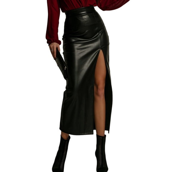 Women High Waisted Leather Front Thigh Slit Wrap Midi Skirt Long Pencil Bodycon Black S