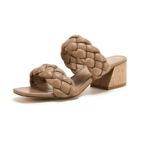 

Saodimallsu Women Braided Heeled Sandals Square Open Toe Backless Block Heel Double Straps Slip on Leather Slides Shoes