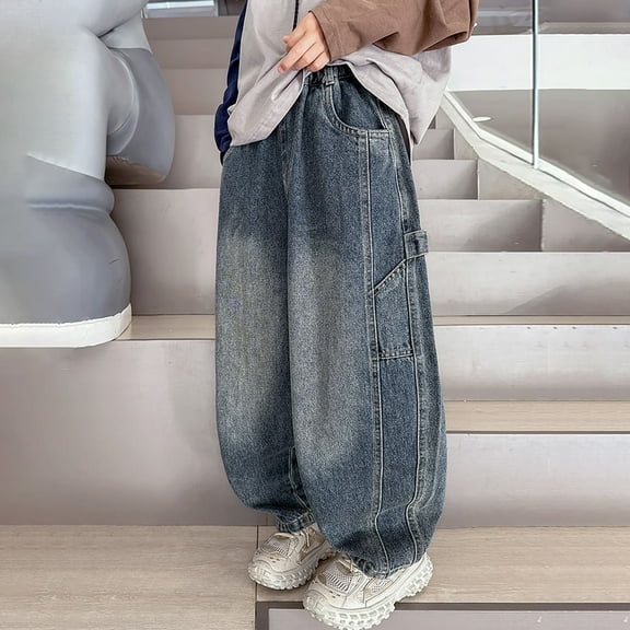 Huowey Boys Cargo Jeans Comfortable Stretch Denim Pants Wide Leg Casual Loose Fit Trousers Fot Big Boys Elastic Waist Drawstring Relaxed Dailywear,Blue,4-5 Years
