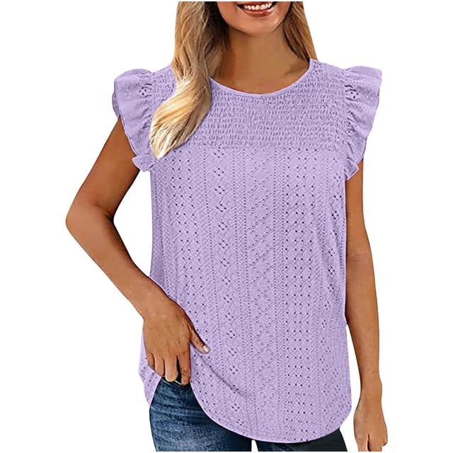 Birdeem Womens Solid Color Round-Neck Sleeveless Vest Cut-Out Panel Sleeveless Ruffle Tops