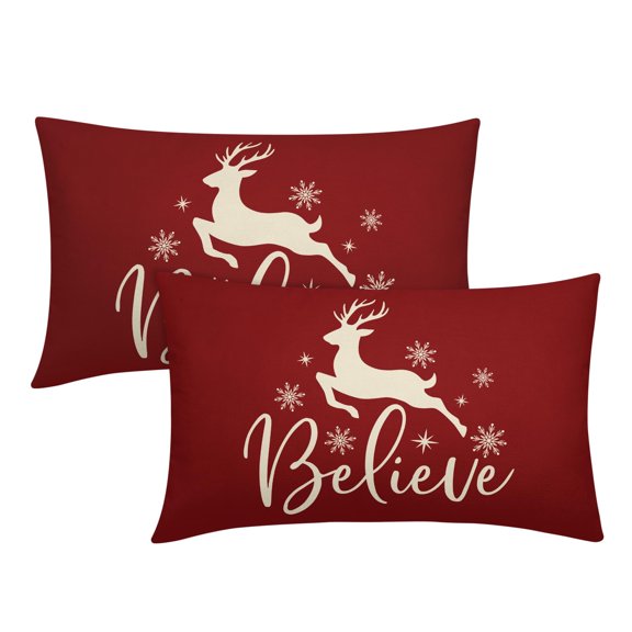 ABSOP Red Christmas Pillow Covers 12X20 Inch Lumbar Xmas Deer Snowflakes Rectangle Pillow Cases Set of 2 Winter Holiday Christmas Decor Throw Pillows Cases for Couch Outdoor