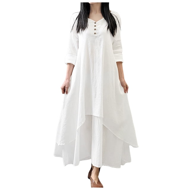 Falda de dos piezas de manga larga de lino para mujer - Corte holgado, cuello en V, dobladillo irregular - M-XXXL para oficina/fiesta