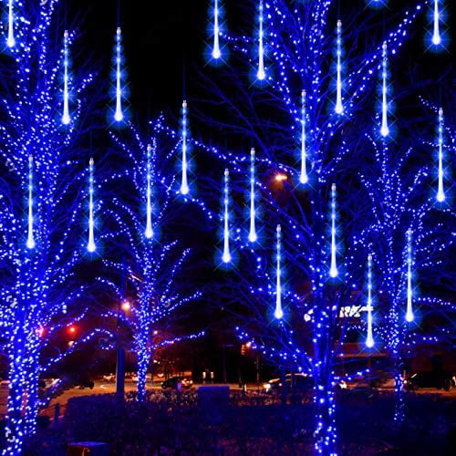Meteor Shower Rain Lights, 288 LED Christmas Lights Icicle Snow Falling Christmas Lights Outdoor Raindrop Lights, 30cm 8 Tubes Xmas Tree Holiday Decoration (Blue)