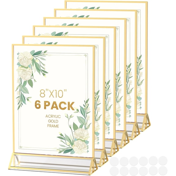 Gold Frames 8X10 Acrylic Sign Holder Double-Sided Picture Frames for Menu, Wedding Table Number, Christmas Photos With Removable Round Stickers - 6 Pack