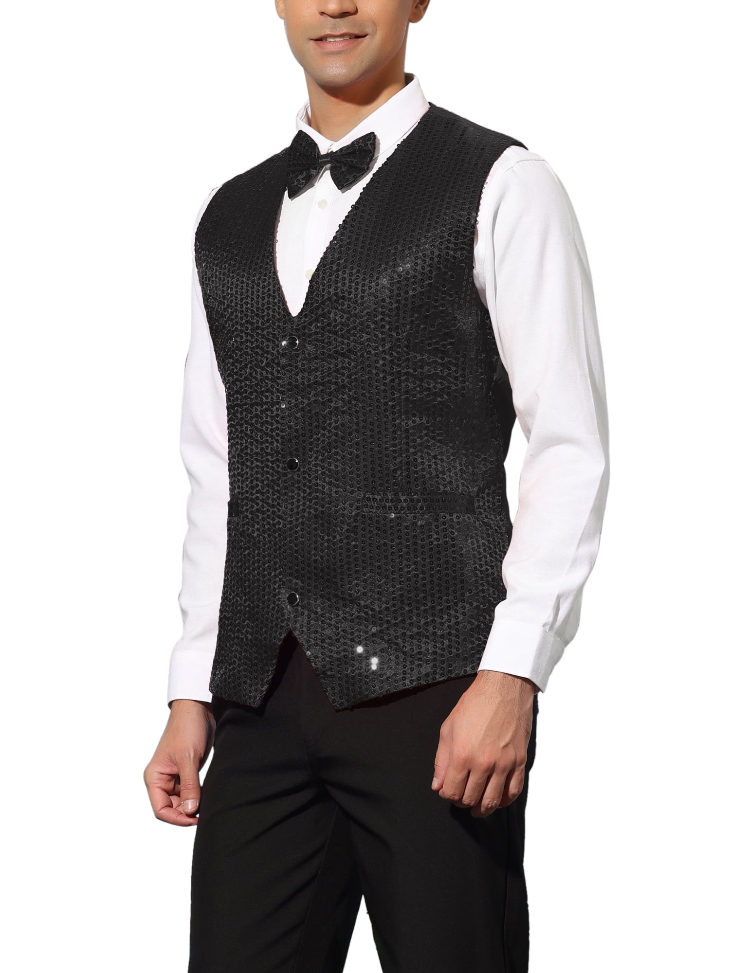 Unique Bargains Men's Sequin Waistcoat Sleeveless Dress Suit Vest with Bow Tie L Black