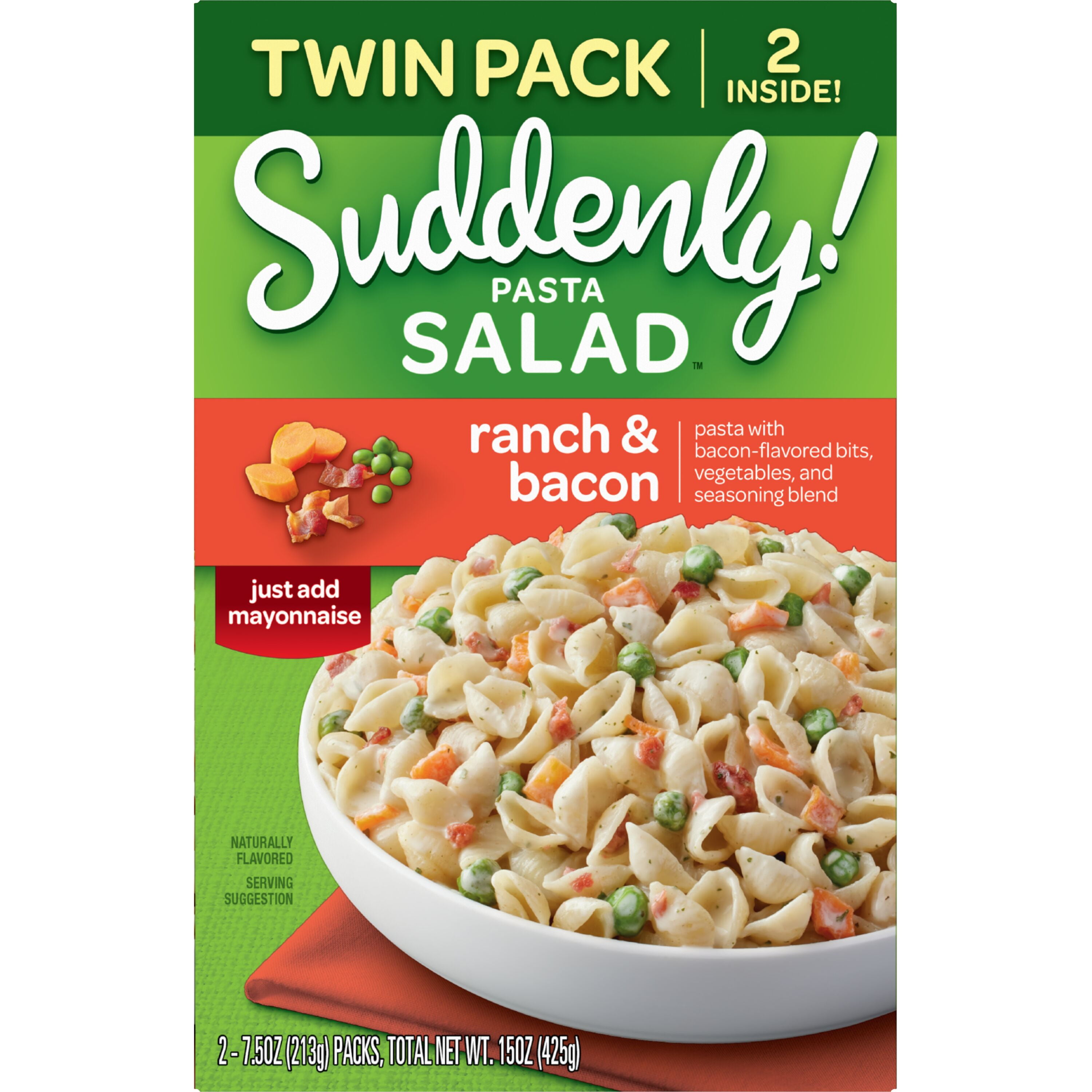 Suddenly Salad Ranch & Bacon Pasta Salad Mix with Vegetable Blend & Seasoning, 15 oz Box