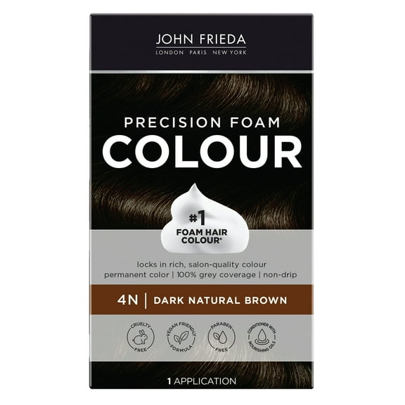 John Frieda Precision Foam Permanent Brown Hair Dye Color Kit, 4N Dark Natural Brown, 1 Application