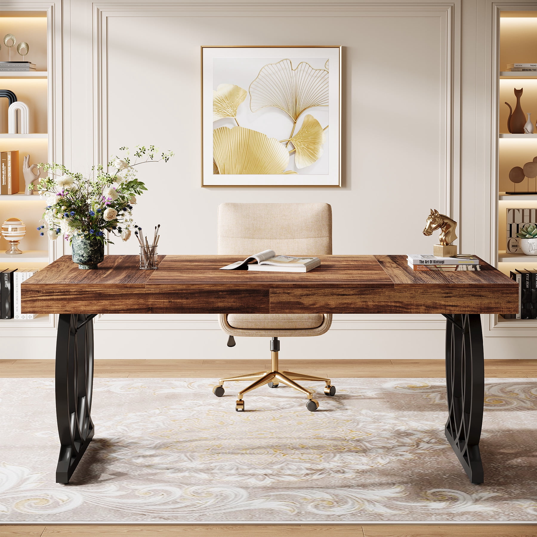 Tribesigns 63-inch Executive Desk, Industrial Office Computer Desk with Geometric Legs, Rustic Brown and Black