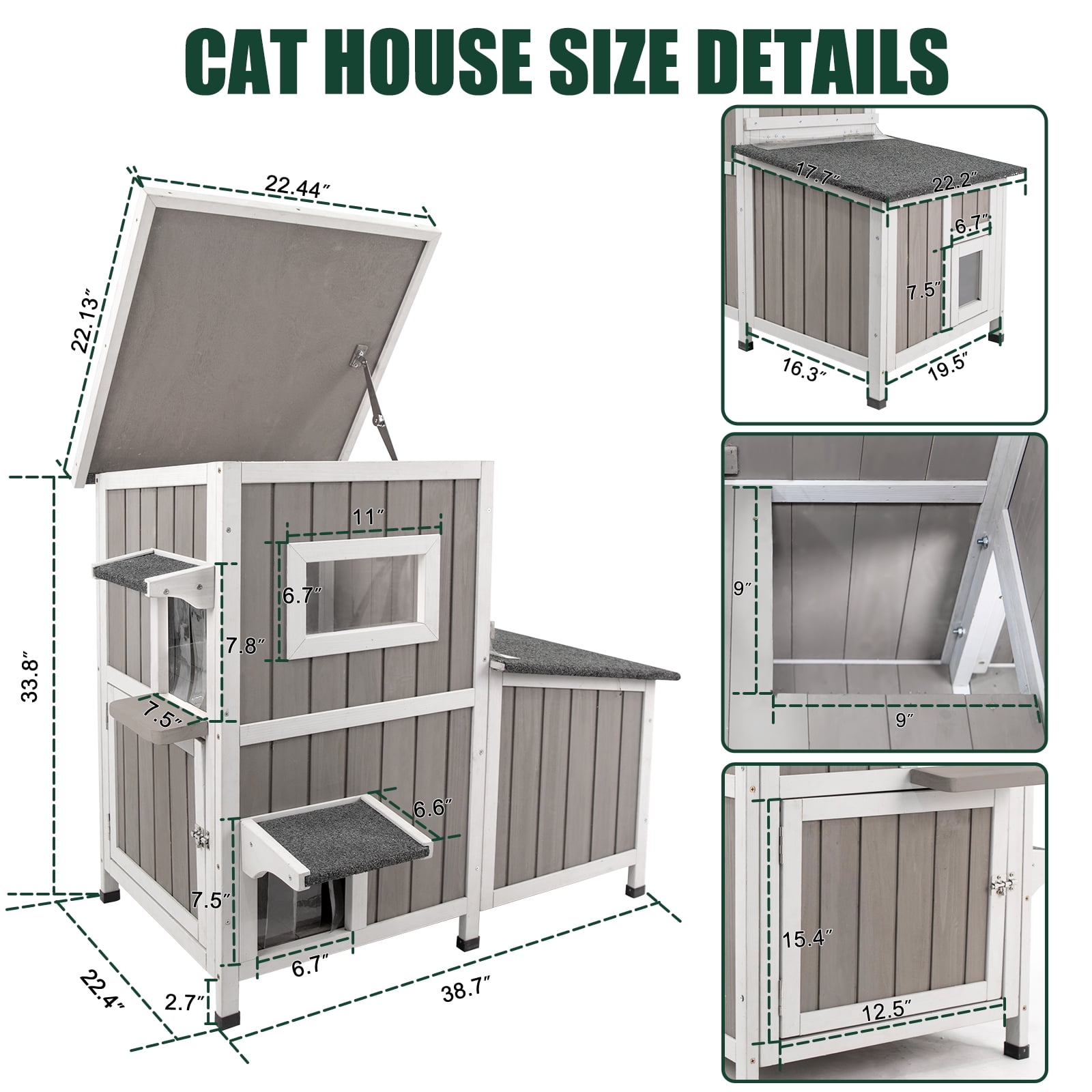 PETSCOSSET Outdoor Cat House  2-Story Wooden Condo - Weatherproof, Acrylic Window - Gray