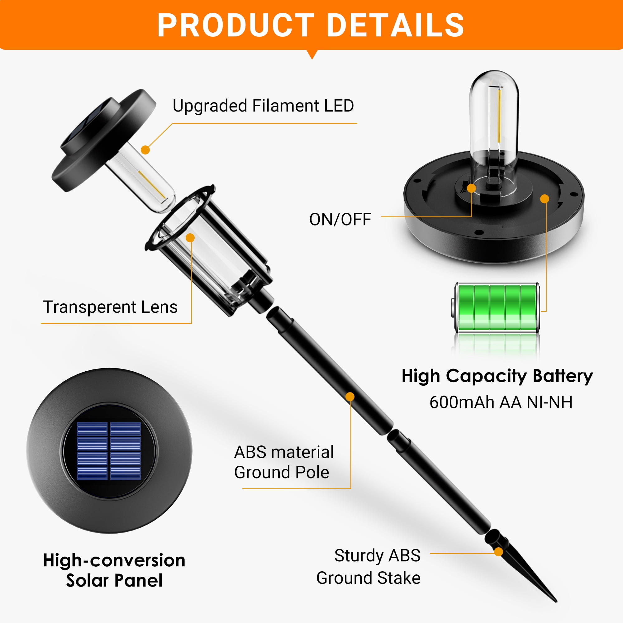 6 Pack Solar Powered Garden Lights, Waterproof IP65 Outdoor Pathway Lighting for Yard and Walkway, Warm White Solar Lights for Patio and Landscape