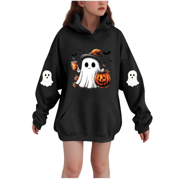 SERTG Children Halloween Printed Hooded Tops Long Sleeved Sweatshirt with Pockets Fleece Top Hooded Sweatshirt for Girls 3-14 Years(Black,3-4 Years)