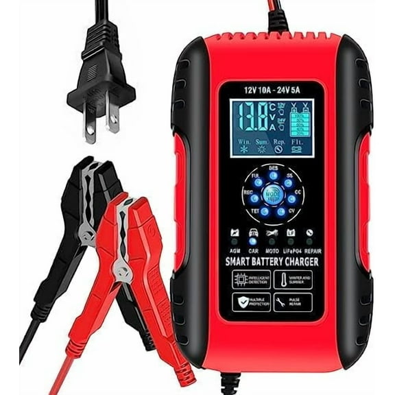 Battery Charger, 10A Lifepo4 Lead Acid Car Battery Charger, Upgraded Automobile Trickle Charger 12/24V, All in 1 Battery Maintainer, for Truck Motorcycle AGM Lawn Mower Boat Marine Batteries