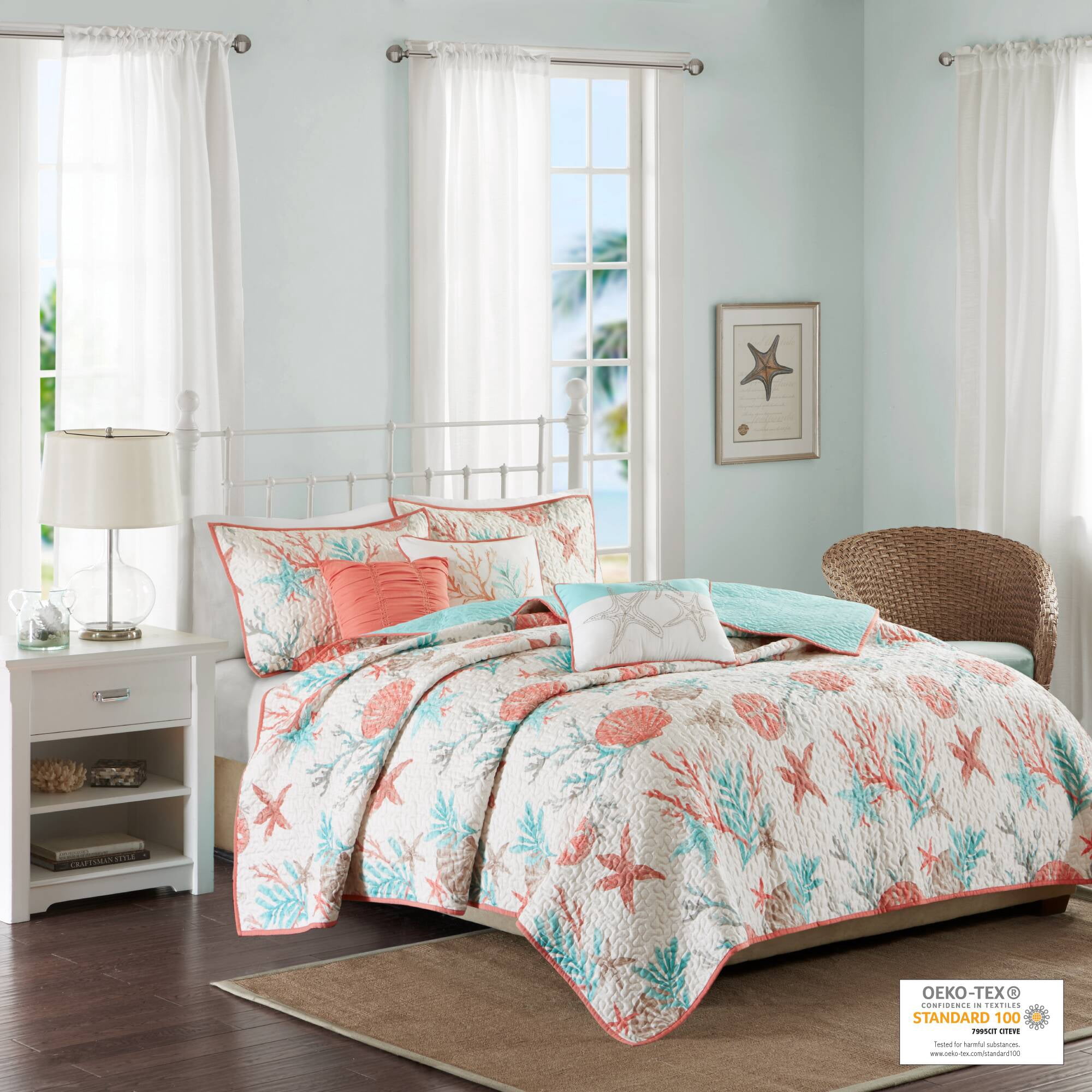 Madison Park Coastal Patterned 6-Piece King/Cal King Reversible Sateen Coverlet Quilt Set, Coral