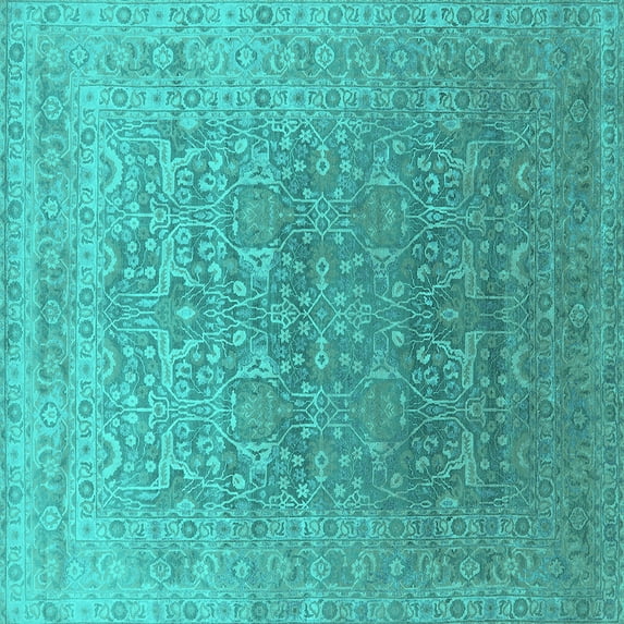 Ahgly Company Machine Washable Indoor Square Oriental Turquoise Blue Industrial Area Rugs, 3' Square