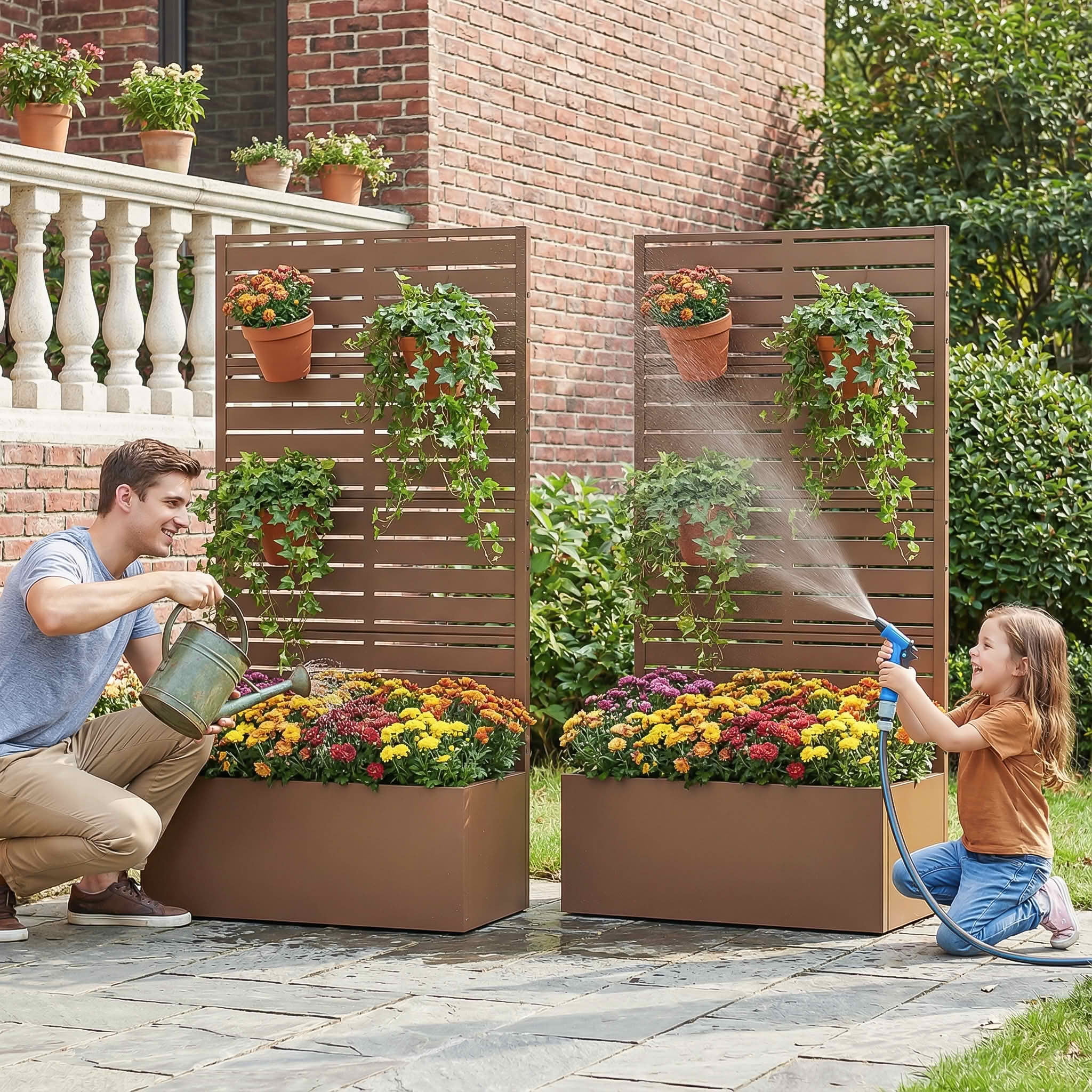 MAYEERTY 59x30 Brown Double-sided Rectangular Iron Planter Box with Trellis, 4 Piece Set Decorative Garden Screen for Patio and Balcony