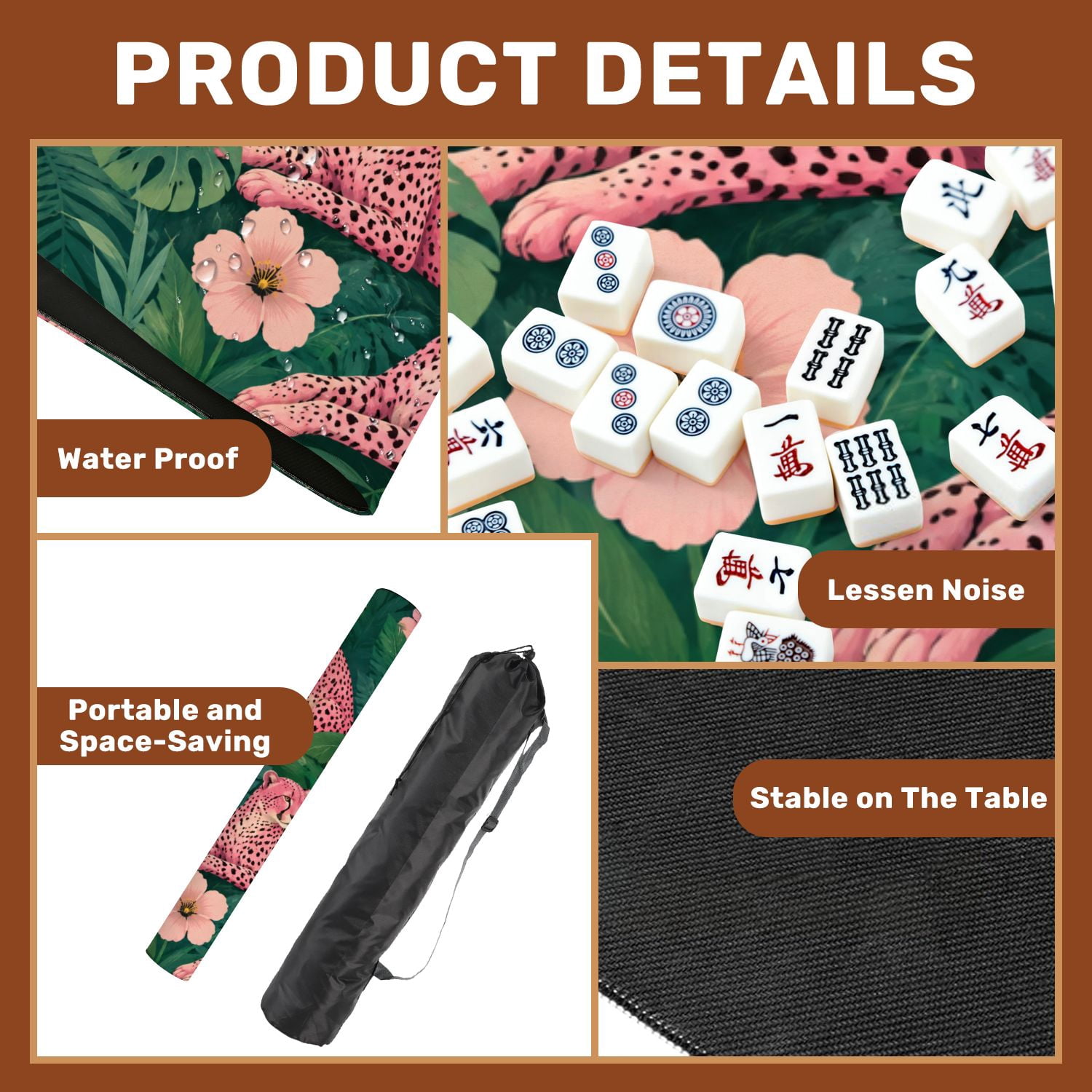 Mahjong Mat 31.5" x 31.5" seamless pink leopards flowers tropical leaves Trendy style Non-Slip Noise Reduction Mahjong Tiles Table Cover for Dominoes Poker Card Board and Tile Games