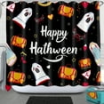 thumbnail image 1 of Black Halloween Shower Curtain with Red & White Pattern, Purses, Shoes, Stars, Heartsand 'Happy Hathween' Script, 1 of 5