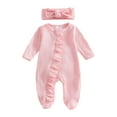 thumbnail image 5 of Gvdentm Newborn Baby Romper Infant Girl One-piece Outfit Waffle Ruffle Zip Footie Spring Summer Clothes With Bow Headband(Pink,6-12 Months), 5 of 5