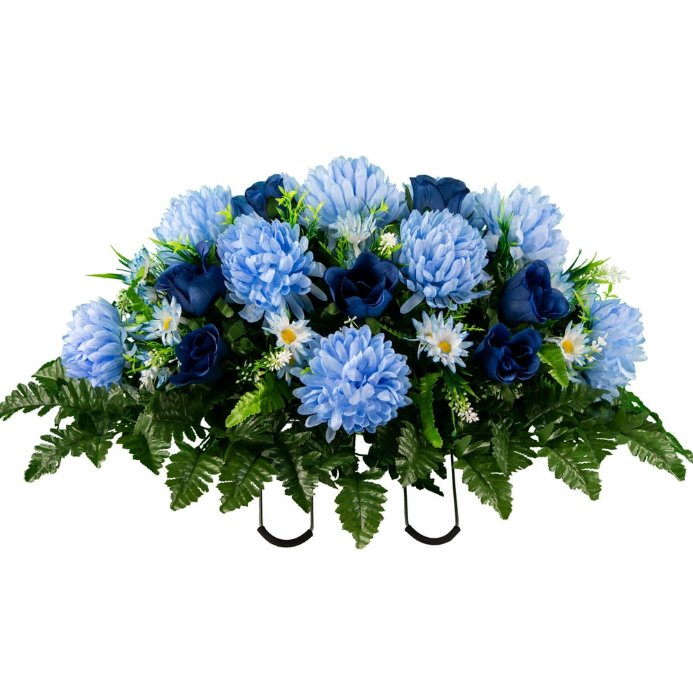 Sympathy Silks Artificial Cemetery Flowers Light Blue Mum and Royal